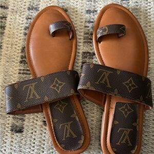 Brown and Monogram Slide Sandals